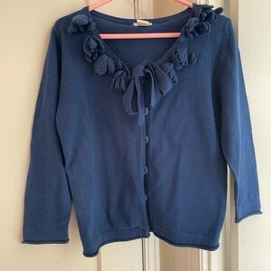 Blue Cotton Knit Cardigan with 3D Floral Accents and a Front Bow Tie